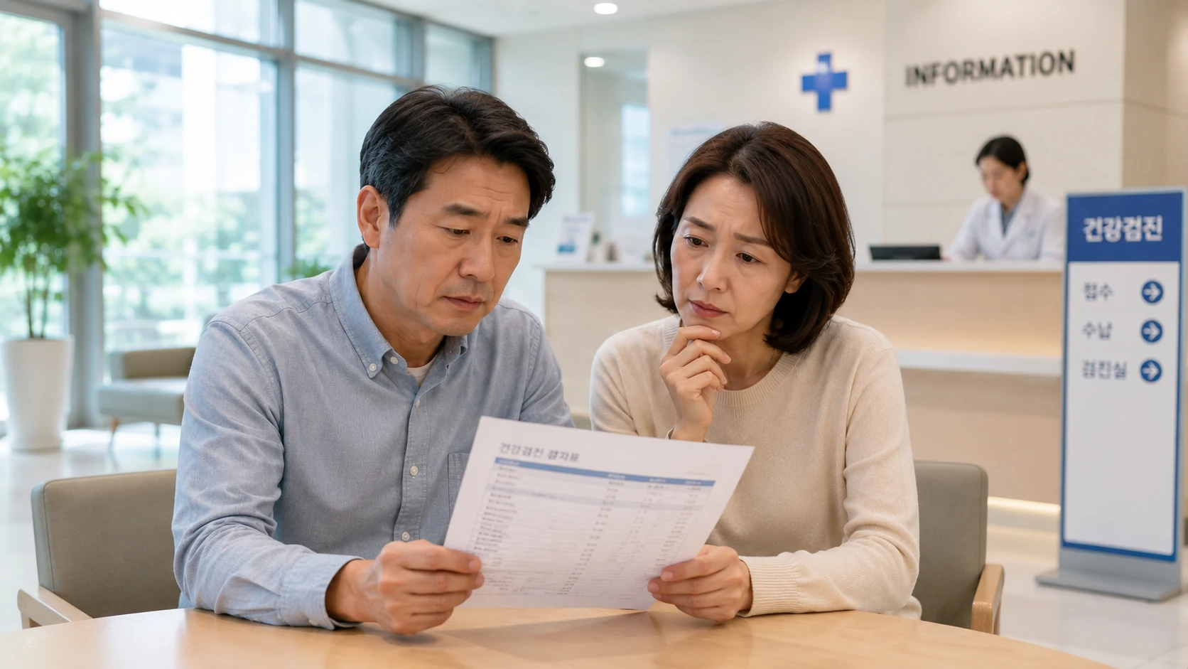 건강검진 결과를 확인하는 중년 부부