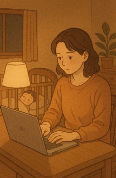 육아 후 노트북으로 타이핑 부업을 하는 워킹맘의 모습