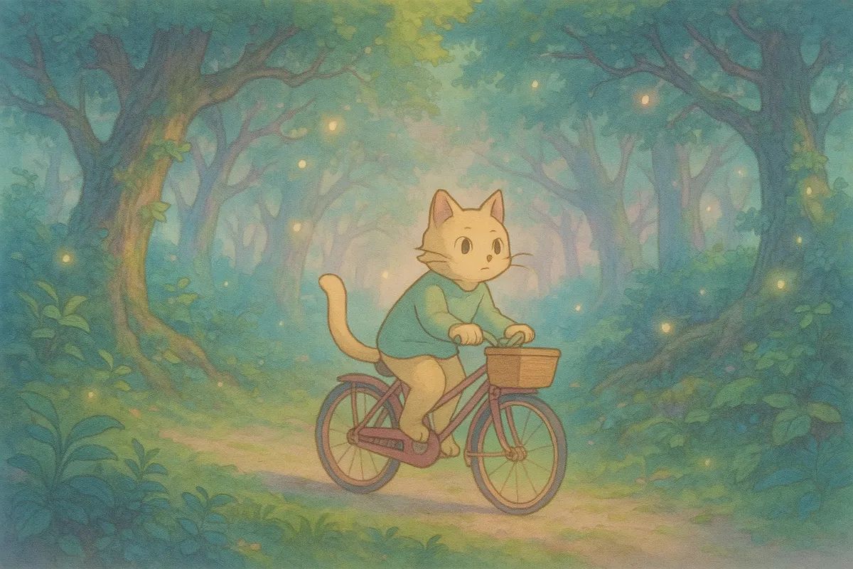 A cat riding a bicycle through a magical forest, cinematic view, pastel tones, Ghibli-style fantasy image