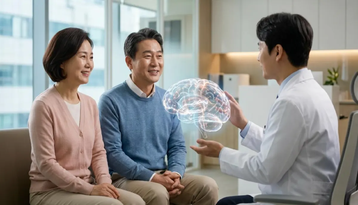 중년의 남녀가 전문의와 마주 앉아 뇌 신경 가소성 원리에 대한 명쾌한 답변을 듣고 안도하며 환하게 미소 짓는 모습을 담은 Q&amp;A 요약 일러스트