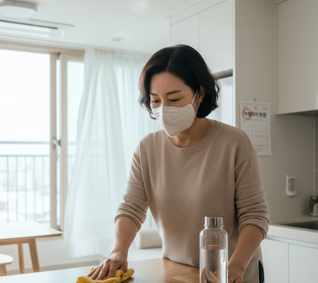KF94 마스크를 착용한 중년 여성이 집안을 물걸레 청소하고 물을 마시며, 미세먼지 예방을 위해 창문을 살짝 열어 환기하는 적극적인 생활 습관을 보여주는 모습
