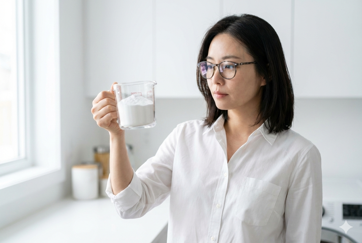 세제를 계량하거나 넣는 모습, 찬물 세탁의 단점을 보완하는 과탄산소다와 온수 세탁 활용 노하우