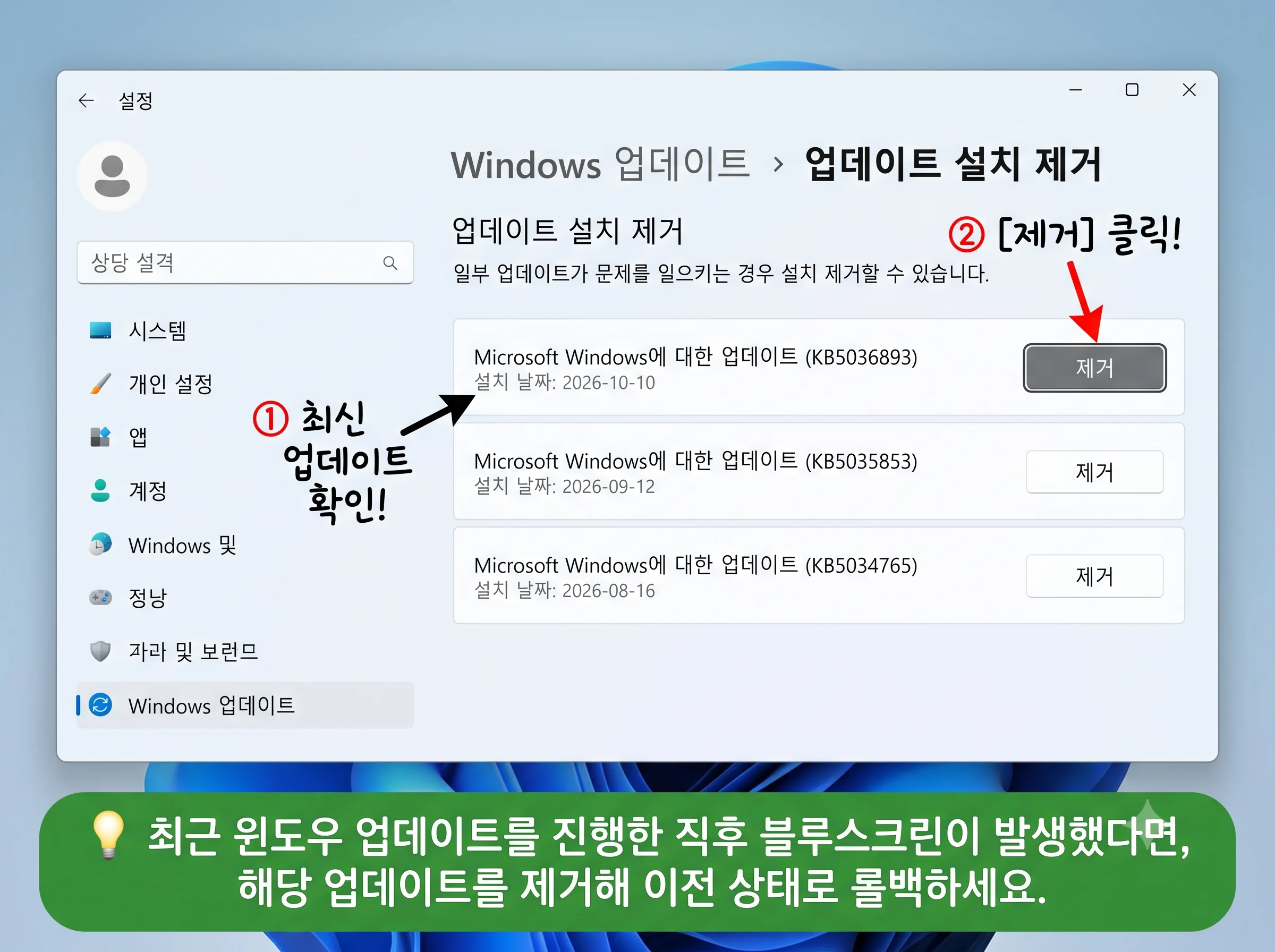 윈도우 11 업데이트 기록 최신 품질 업데이트 설치 제거 롤백 화면