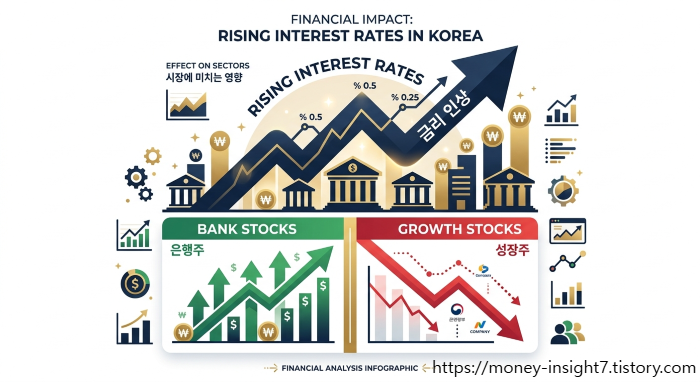 금리 인상이 금융 시장에 미치는 영향을 나타낸 인포그래픽으로, 상단의 금리 인상 화살표와 함께 하단에 초록색 상승 화살표의 은행주 섹터, 빨간색 하강 화살표의 성장주 섹터가 대비되어 있는 모습