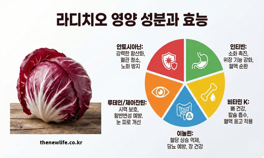 라디치오 효능을 만드는 5대 영양 성분인 안토시아닌, 인티빈, 비타민K, 루테인, 이눌린 요약표