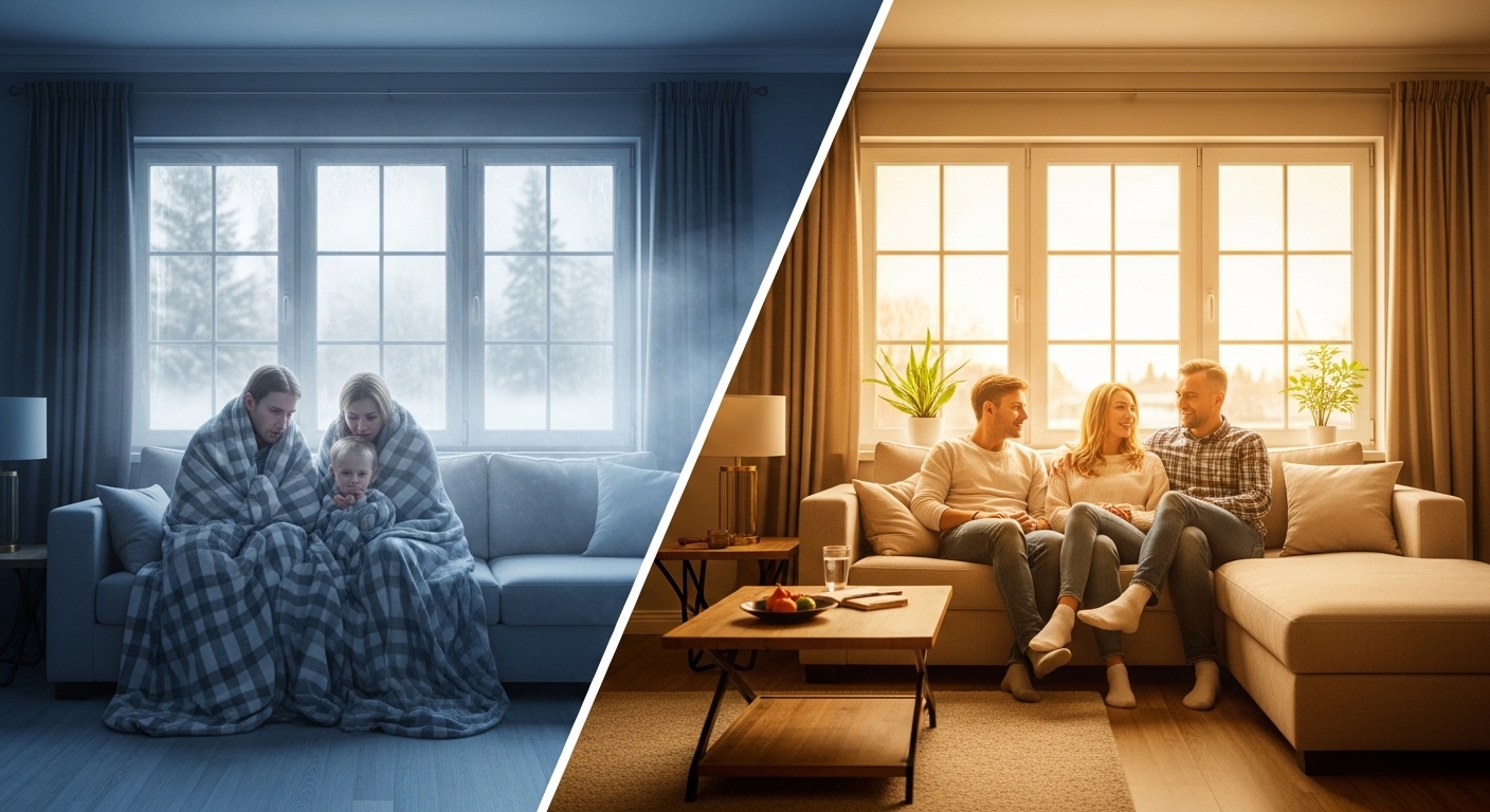 지원금으로 에너지 효율 개선 전후의 집을 비교한 그림. 개선 전 추웠던 집과 개선 후 따뜻하고 쾌적해진 집의 모습을 보여줌.