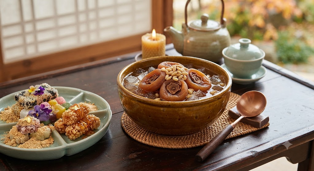 A luxurious and neat traditional Korean dessert table set on a dark wooden tabletop. In the center sits a large, heavy earthenware bowl of icy sujeonggwa topped with floating pine nuts and three plump, glossy dried persimmons. To the left, a celadon plate is neatly arranged with colorful injeolmi rice cakes, sesame-coated rice puffs, and flower-garnished hangwa sweets. To the right, a lit beeswax candle and a ceramic tea set are displayed, paired with a copper ladle featuring a wooden handle. The background reveals traditional lattice windows and autumn leaves, creating a warm, serene, and timeless traditional dessert setting