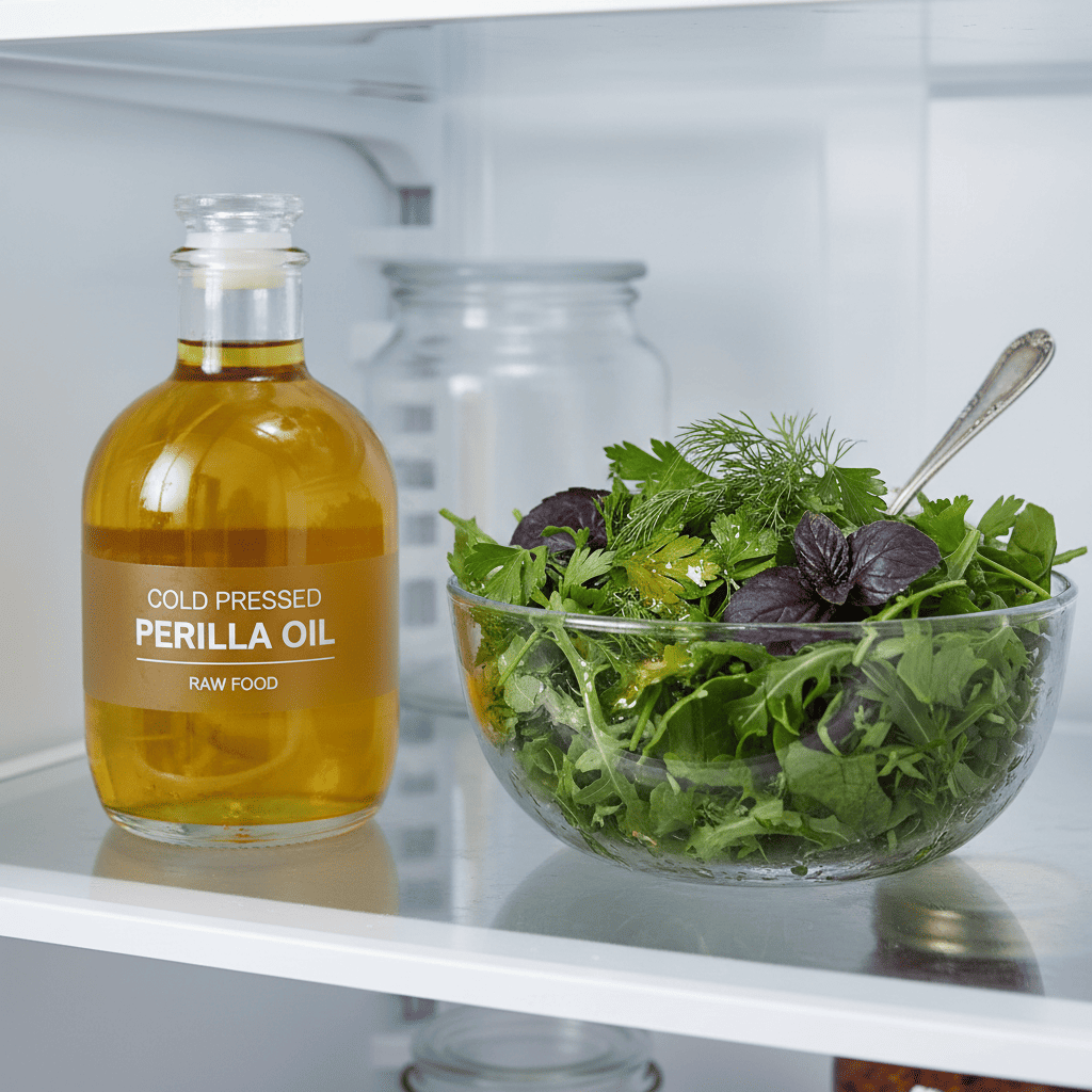 냉장고에 보관된 들기름 병이 놓여 있고, 그 옆에는 신선한 채소 샐러드가 배치되어 있습니다.