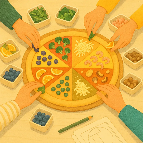 원형 팔레트처럼 구성된 피자와 풍부한 색감의 재료 상자가 따뜻한 조명 아래 조화롭게 배치된 감성 일러스트