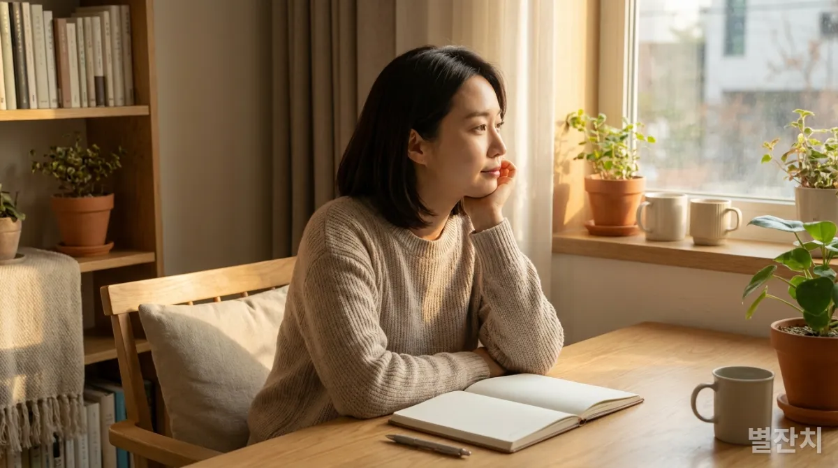 한국 여성이 감정 일기를 쓰며 자신을 성찰하는 모습