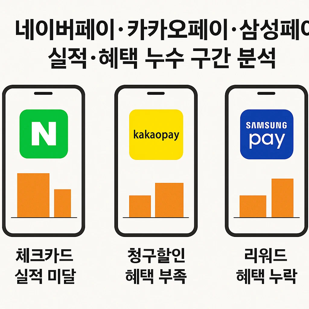 네이버페이·카카오페이·삼성페이의 실적·혜택 누수 구간을 비교한 인포그래픽 형태의 서브 이미지입니다.