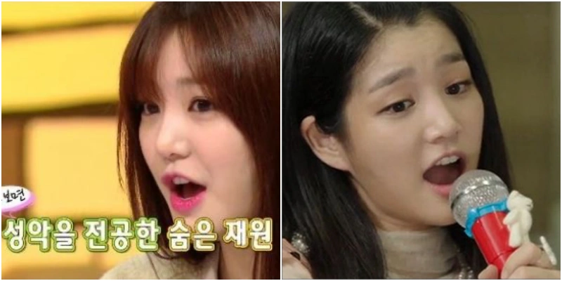 긴 머리에 베이색 옷을 입고 마이크를 들면서 노래하는 이유비