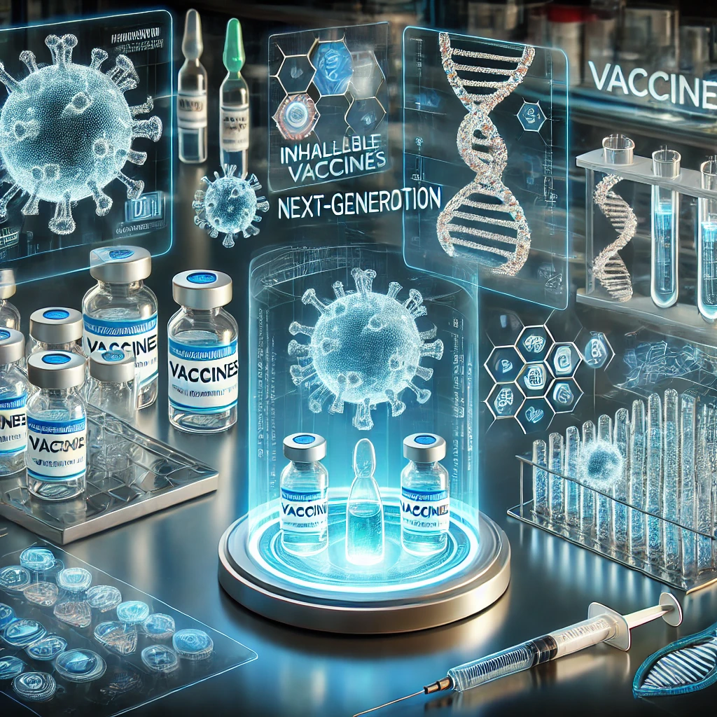최첨단 의료 연구소에서 차세대 백신 기술(mRNA, 흡입형, 맞춤형 백신 등)을 개발하는 장면