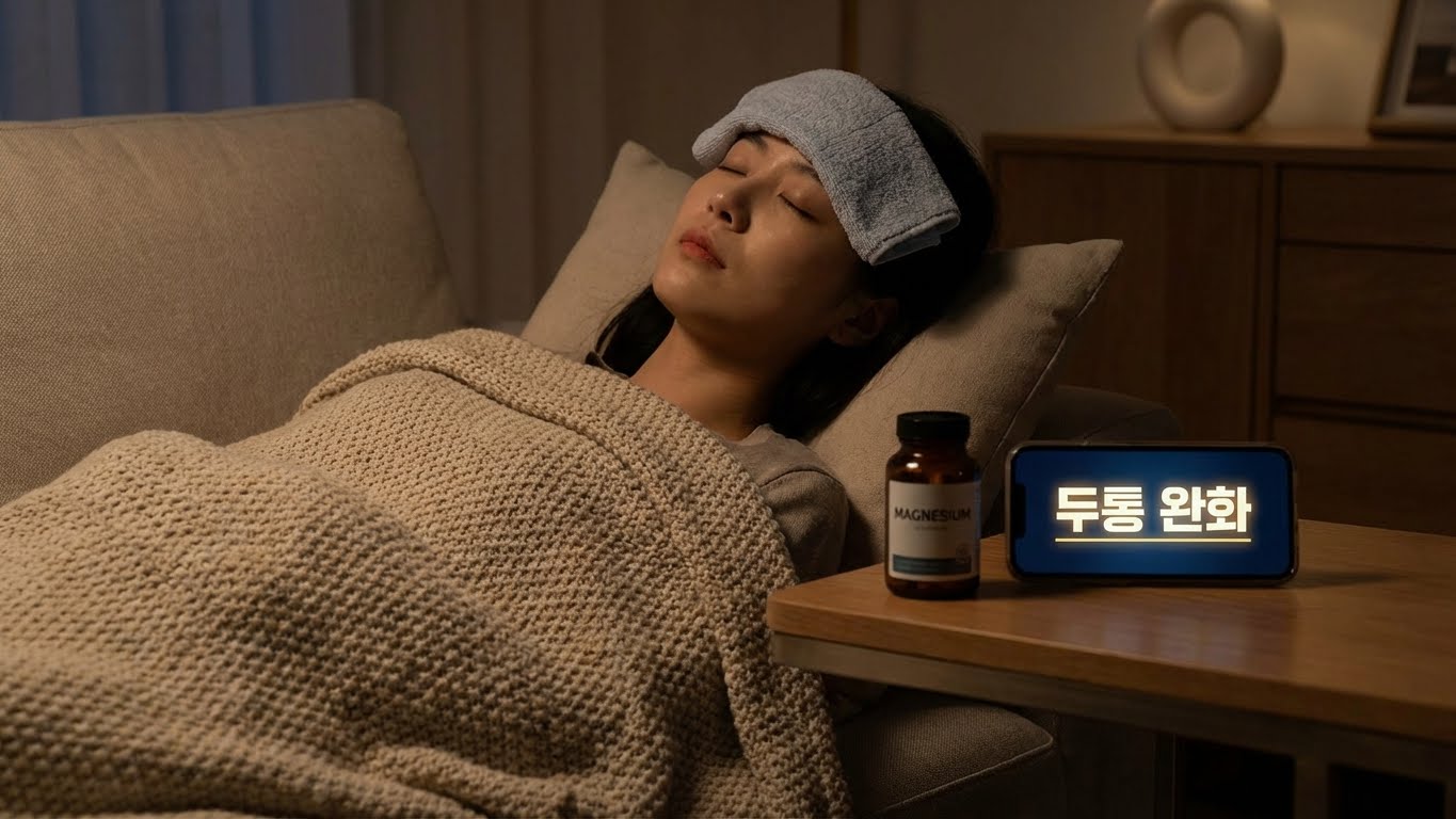 여성이 어둡고 조용한 방에서 눈을 감고 누워 이마에 냉찜질 팩을 올린 모습