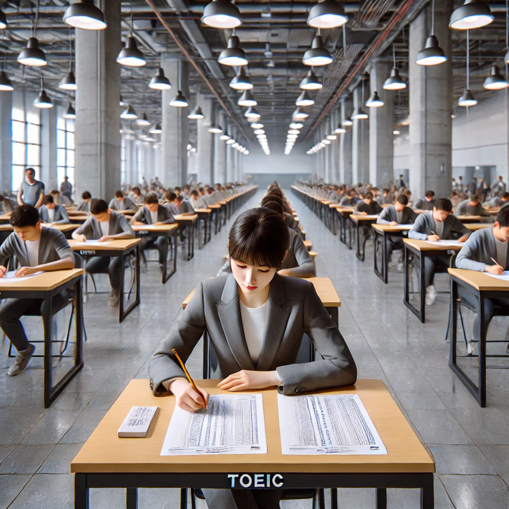 시험장에서 토익 시험을 치르는 학생의 모습