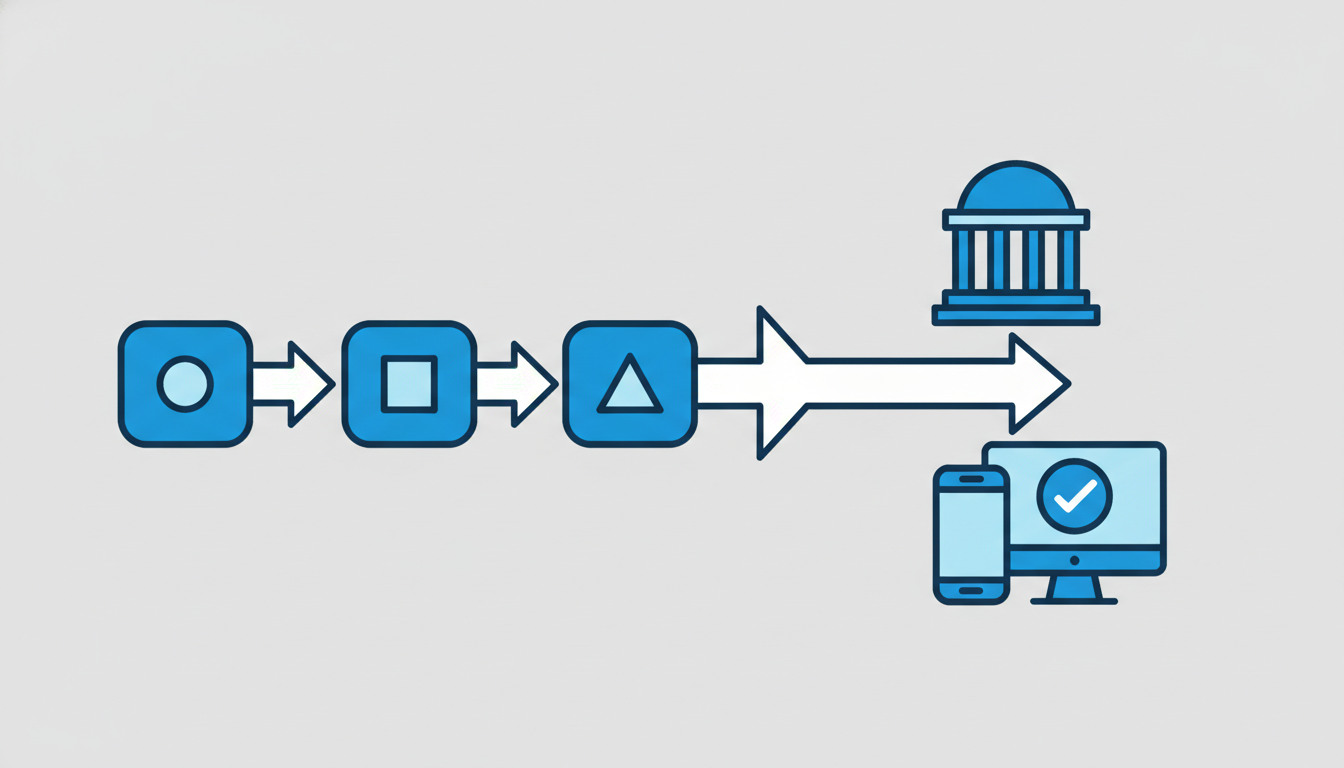 온라인 신청 과정을 보여주는 플로우차트와 최종적으로 지원 센터 건물 또는 승인 완료를 의미하는 체크 표시가 있는 스마트폰 화면.