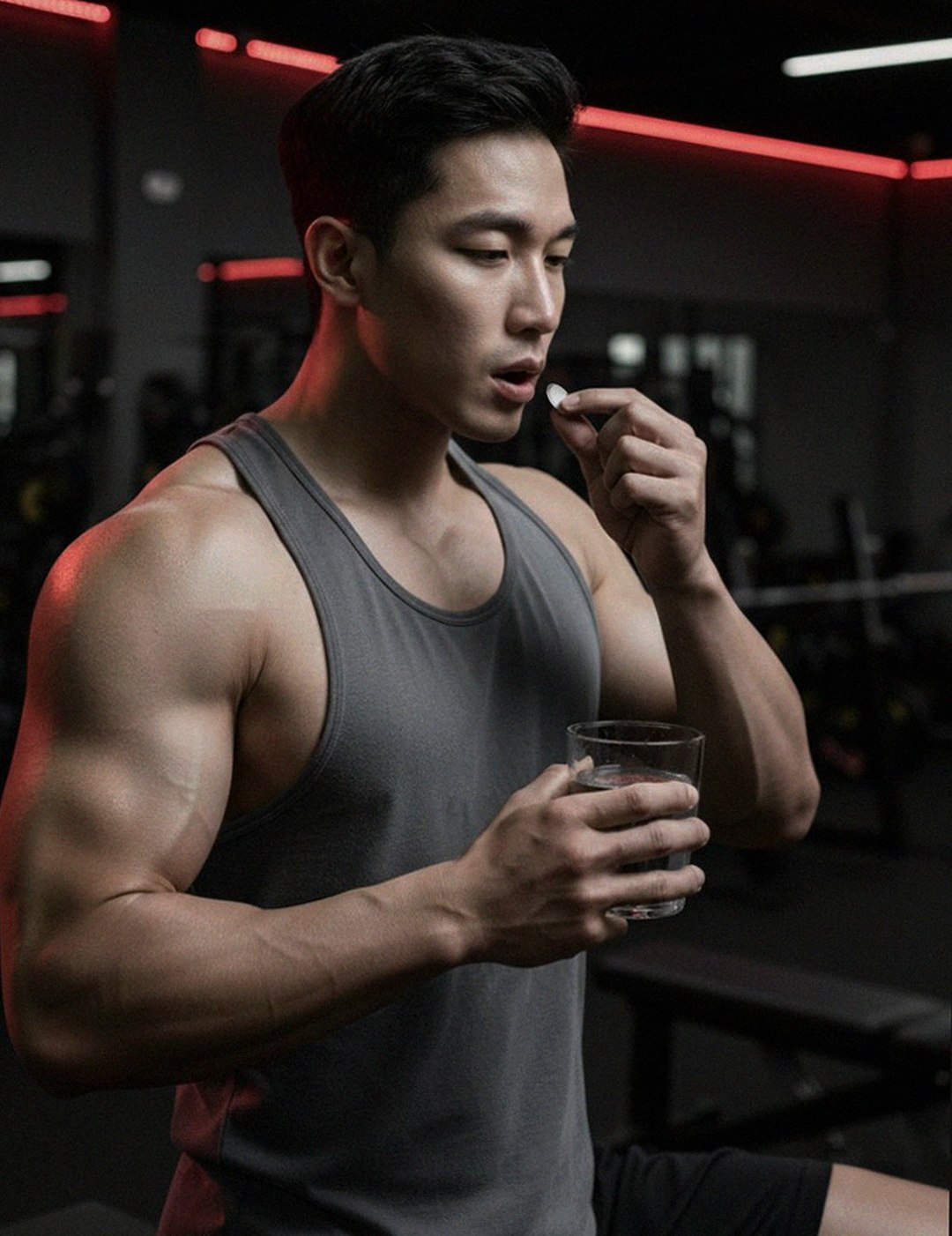 Korean Asian man in 40s looking at smartphone late night