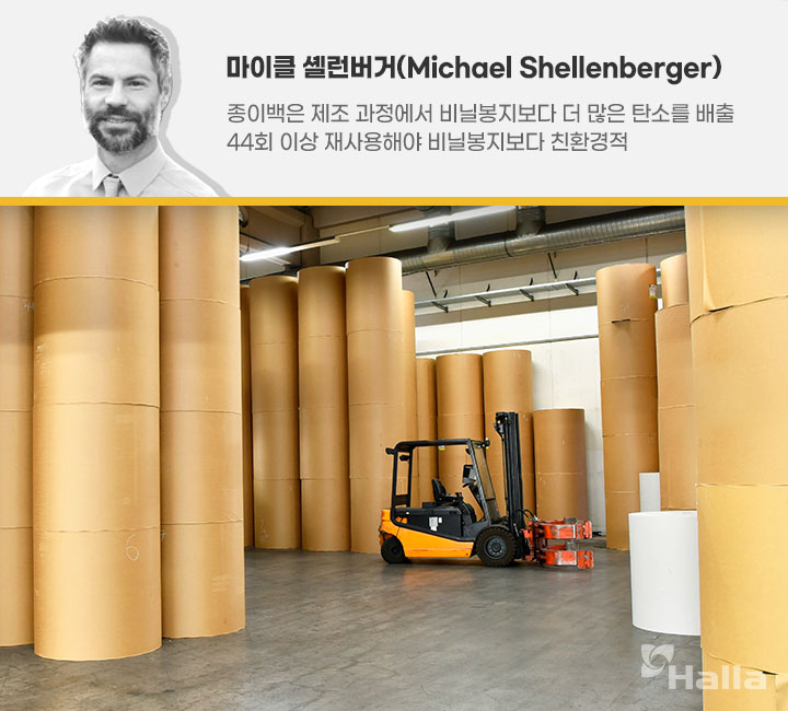 마이클 셸런버거의 얼굴. 그는 '종이백은 제조 과정에서 비닐봉지보다 더 많은 탄소를 배출. 44회 이상 재사용해야 비밀봉지보다 친환경적'이라고 언급했다.