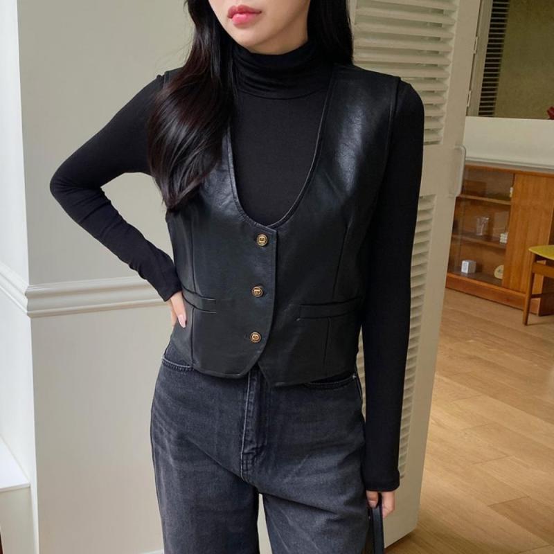 여자 레더조끼 슬림핏 크롭 브이넥 가을