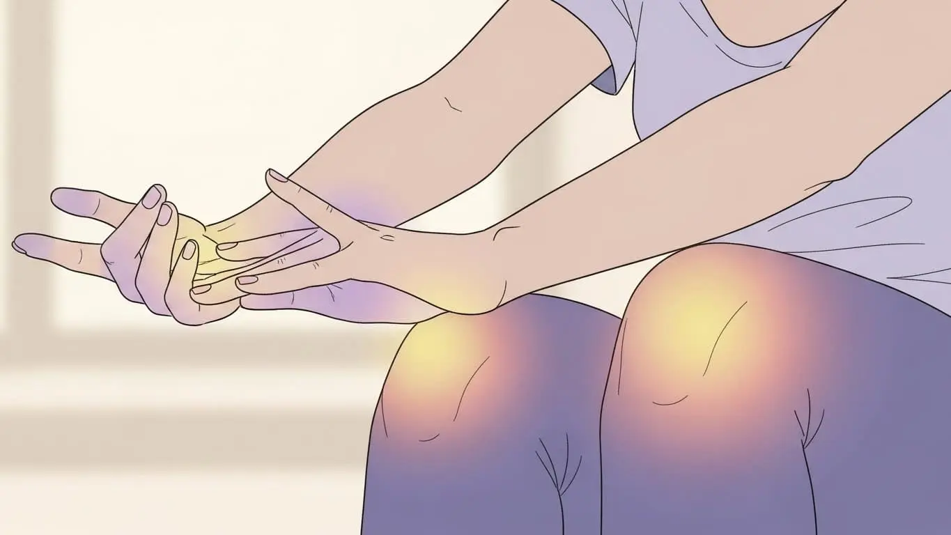 여성이 아침에 뻣뻣한 관절 때문에 손과 무릎을 부드럽게 스트레칭하는 모습. 관절 부위에 은은한 보랏빛 통증이 느껴진다.