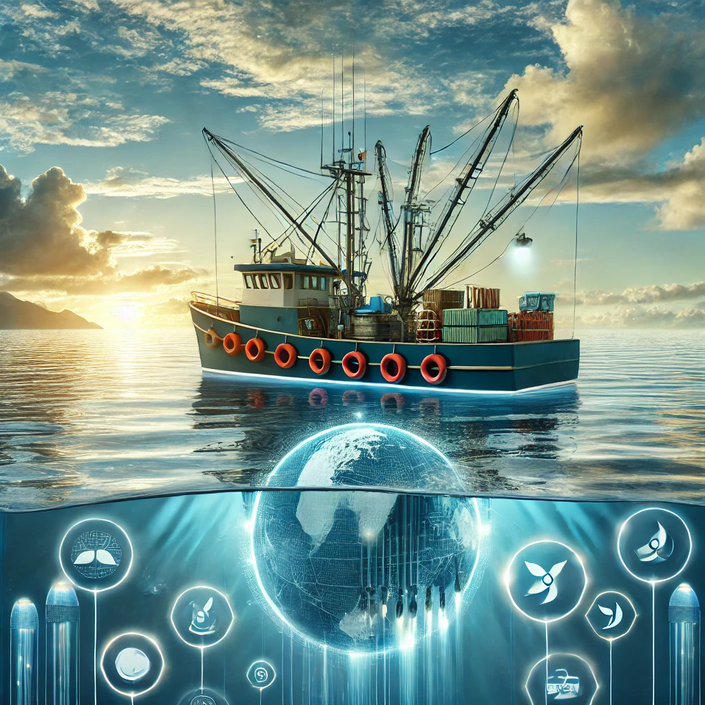고요한 바다 위에서 친환경 장비와 저탄소 기술을 갖춘 어선, 경제적 이점과 환경 보존을 동시에 추구하는 지속 가능한 어업의 모습