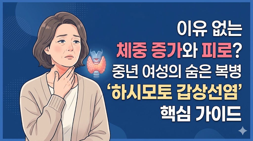 피로감과 추위를 느끼는 여성의 그래픽과 함께 '하시모토 갑상선염 핵심 가이드'라는 문구가 적힌 블로그 섬네일 이미지