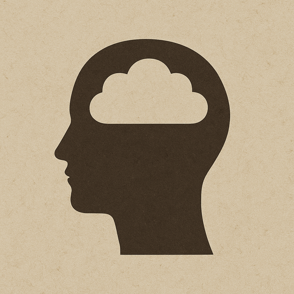 베이지 배경 위에 구름 모양을 품은 사람의 머리 윤곽 실루엣, 생각과 자각을 상징하는 일러스트