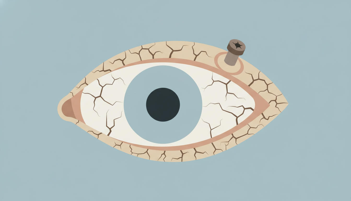 건조하고 갈라진 눈 표면을 가진 눈 아이콘과 눈꺼풀에 막힌 기름샘(마이봄샘)을 단순화하여 표현한 벡터 아트. 안구건조증의 증상과 주요 원인인 마이봄샘 기능장애를 나타냅니다.