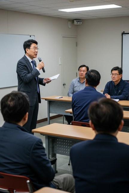 교육을 듣고 있는 한국인 50-60대 남성들