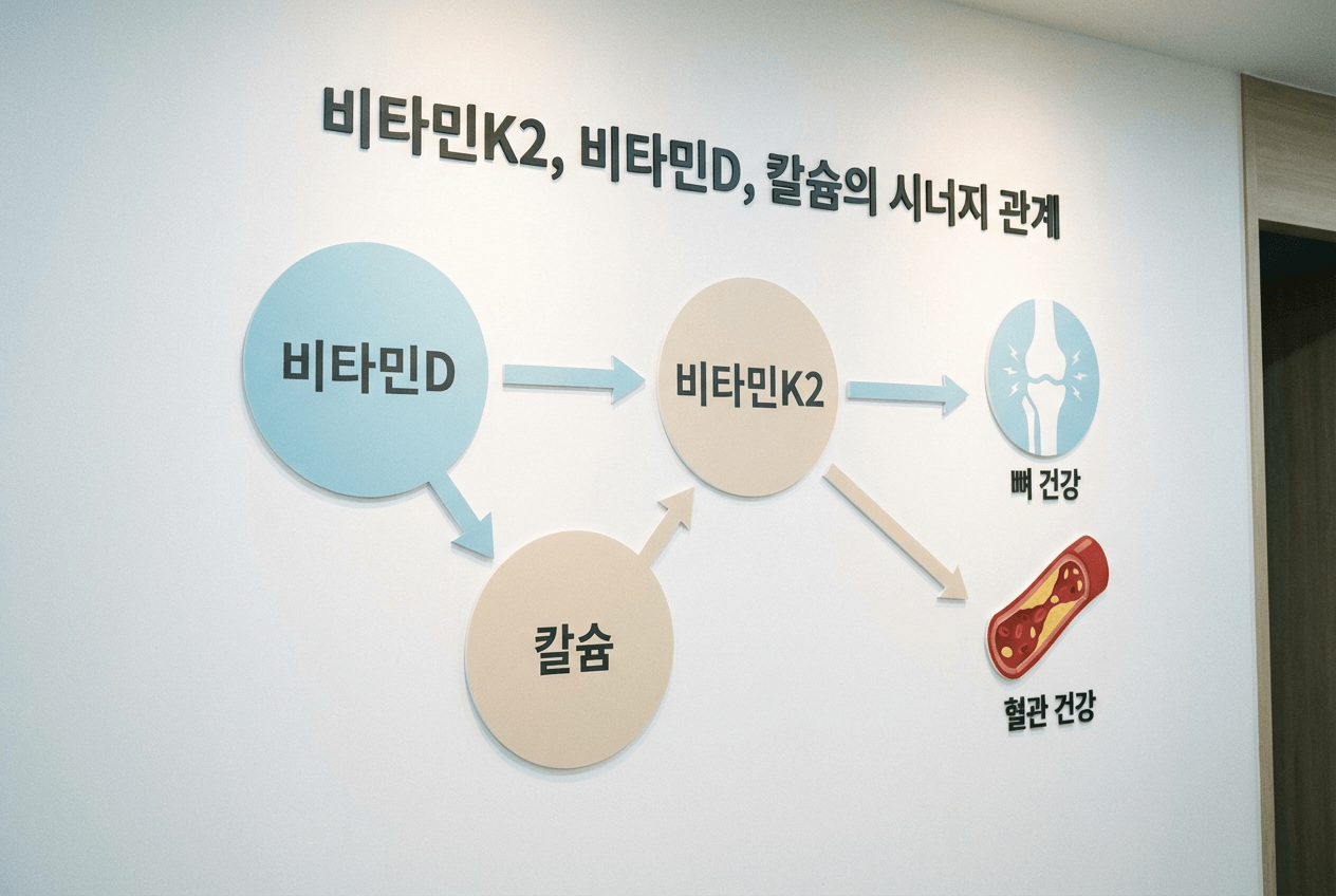 비타민K2, 비타민D, 칼슘의 시너지 관계를 나타낸 도식. 세 성분이 뼈 건강과 혈관 건강에 어떻게 작용하는지 시각화.