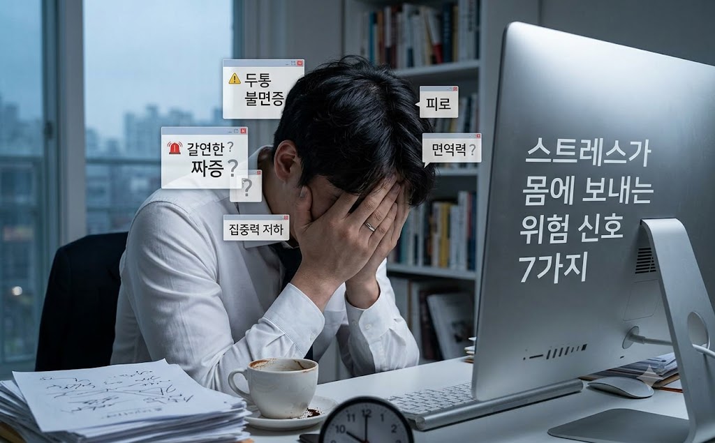 책상 앞에 앉아 스트레스로 인해 머리를 감싸 쥐고 괴로워하는 직장인의 모습 (업무 과부하와 심리적 압박감을 나타내는 이미지)