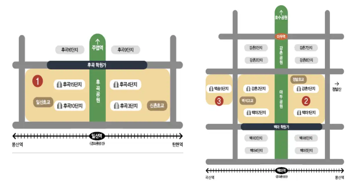 일산신도시-재건축사전먼설팅-대상지-후곡3,4,10,15-강촌1,2-백마1,2단지-백송마을5단지-약도-위치