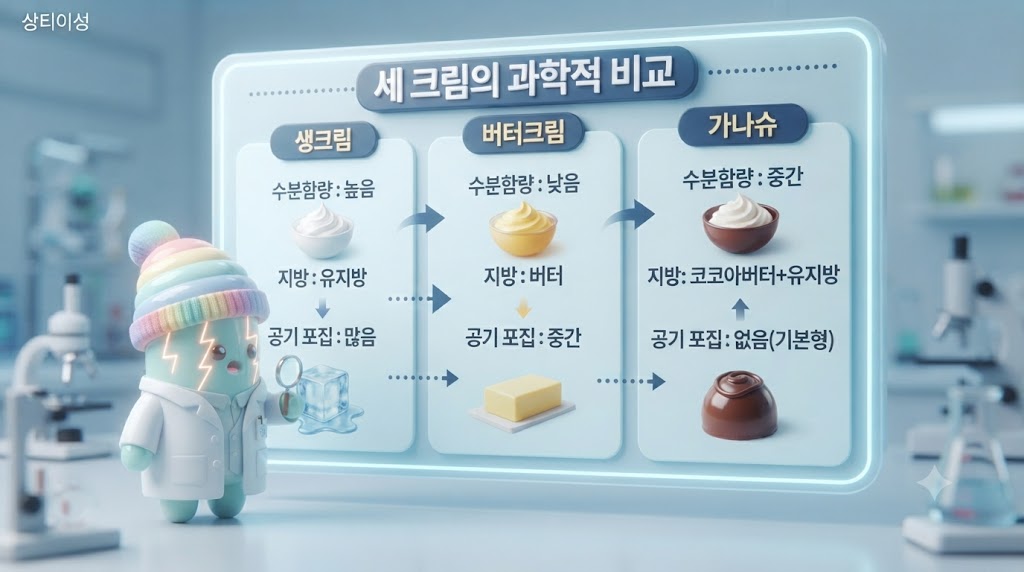 쫀쿠가 '크림 비교 연구소'에서 세 가지 크림의 분자 구조와 물성을 입체적으로 분석하고 있습니다. 각 크림이 담긴 비커 위로 수분 함량(물방울 아이콘), 지방 종류(버터 조각 vs 초콜릿 덩어리 아이콘), 공기 포집 정도(부풀어 오른 풍선 아이콘)가 홀로그램 그래프로 명확하게 대비되어 나타납니다. 쫀쿠는 생크림의 가벼움과 버터크림의 안정성을 비교합니다.