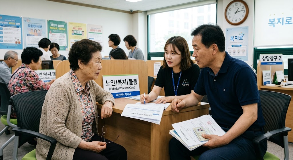 주민센터에서 어르신과 보호자가 노인맞춤돌봄서비스를 신청하고 있어요