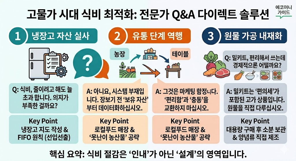 고물가 시대 식비 최적화를 위한 전문가 Q&amp;A 다이렉트 솔루션 인포그래픽. 냉장고 자산 실사, 유통 단계 역행, 원물 가공 내재화 등 3대 전략 포함.