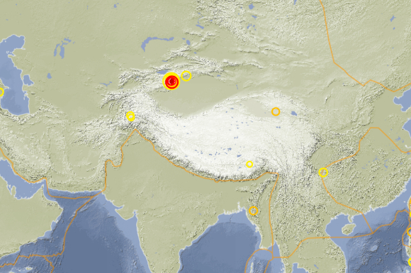 중국 신장위구르자치구와 키르기스스탄 접격 지대에 규모 6.0의 지진이 발생했다. 사진은 지진이 발생한 위치. [사진=일지질과학연구센터(GFZ) 홈페이지 캡처]