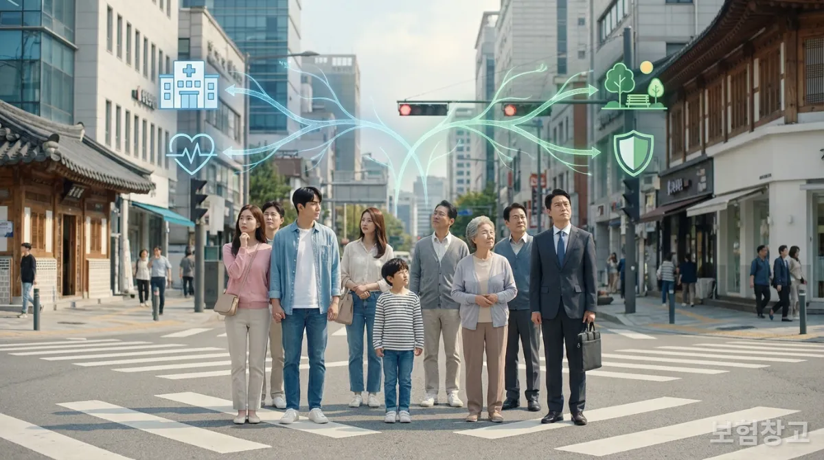 다양한 연령대의 한국인들이 실손보험 선택을 위해 갈림길에 서서 고민하는 모습