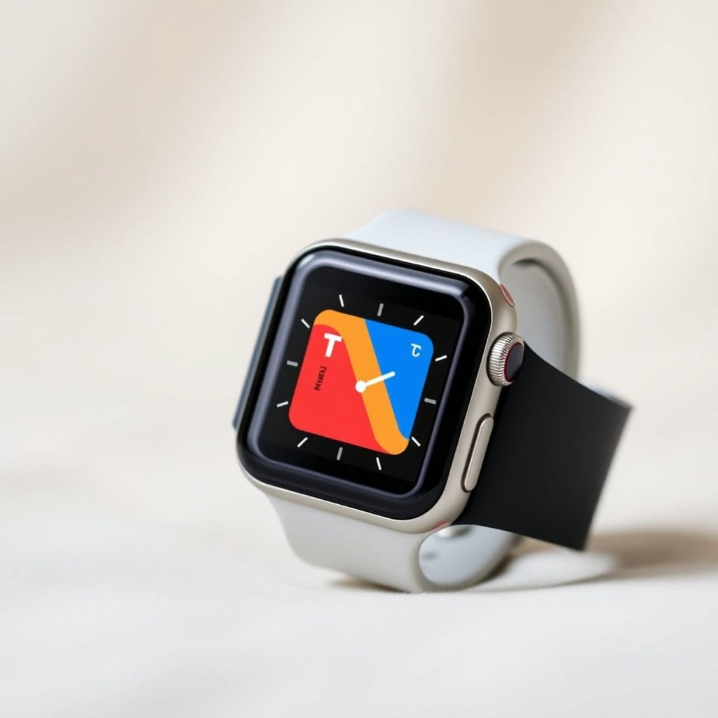 애플워치 화면에 '지갑' 앱이 열려 있고, 등록된 교통카드(예: 티머니)가 메인 화면에 나타나 있습니다. 카드의 디자인이 명확하게 보이도록 하고, 주변 배경은 약간 흐릿하게 처리하여 애플워치 화면에 집중되도록 합니다.