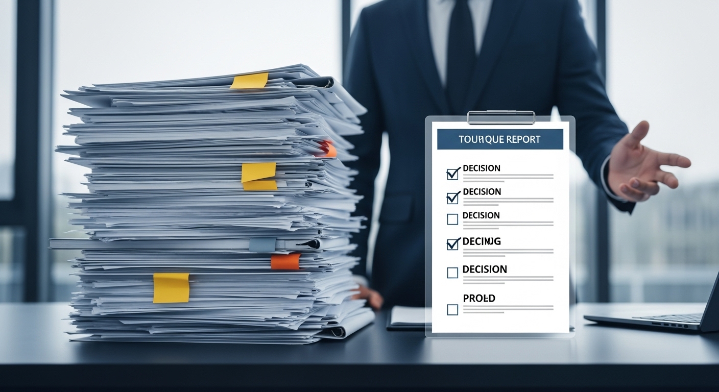 복잡한 여러 장의 보고서를 경영진의 의사결정에 필요한 핵심 내용만 담아 한 장으로 요약해주는 GPT의 효과.