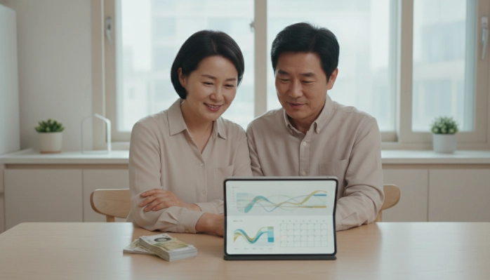 만 55세 이후 IRP를 연금으로 전환하여 필요한 만큼 소액을 분할 인출하며 안정적인 노후를 계획하는 한국인 부부의 모습.