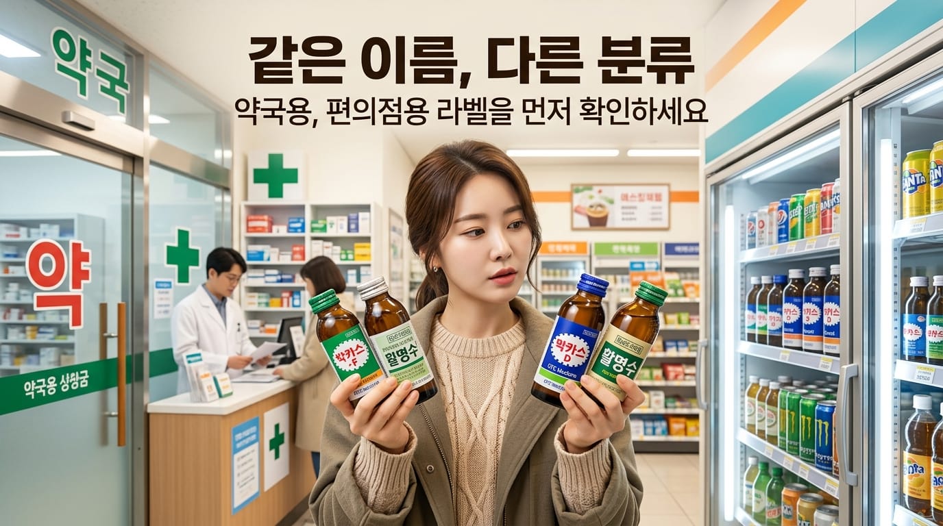 소비자가 약국과 편의점에서 판매되는 박카스와 활명수 제품 라벨을 비교해 보는 이미지
