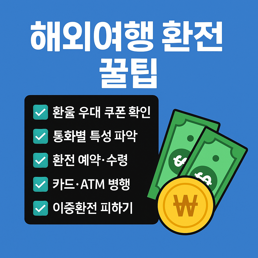 해외여행 환전 꿀팁”이라는 큰 제목 아래, 환율 쿠폰 확인, 환전 예약, 카드 병행 등 5가지 체크리스트와 지폐·원화 동전 아이콘이 함께 배치된 정보형 그래픽 이미지