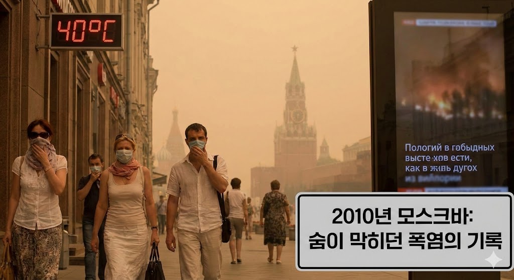 뿌연 도시에 마스크를 하고 다니는 사람들 이미지. 기온 40도가 표시된 온도계 이미지. 산불이 확산되는 이미지.