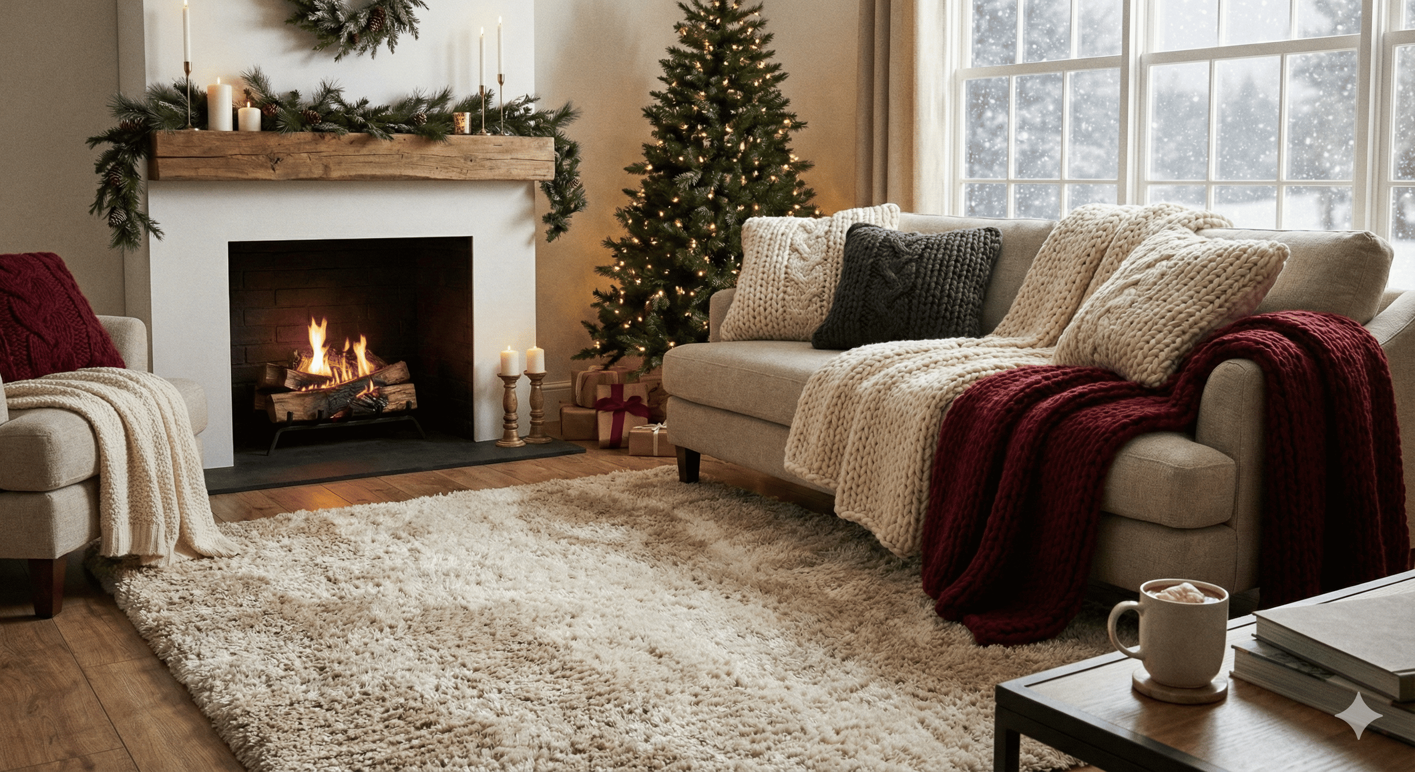 living room decorated with winter textiles like rugs and knit cushions