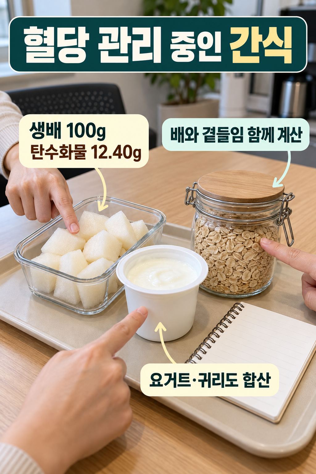 자연스러운 단맛을 간식 계획에 맞춰 즐겨요를 설명하는 질환별 실사 인포그래픽