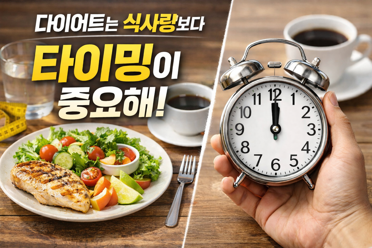 다이어트에서 식사량보다 식사 타이밍이 중요한 이유를 시계와 건강한 식단 이미지로 표현한 사진