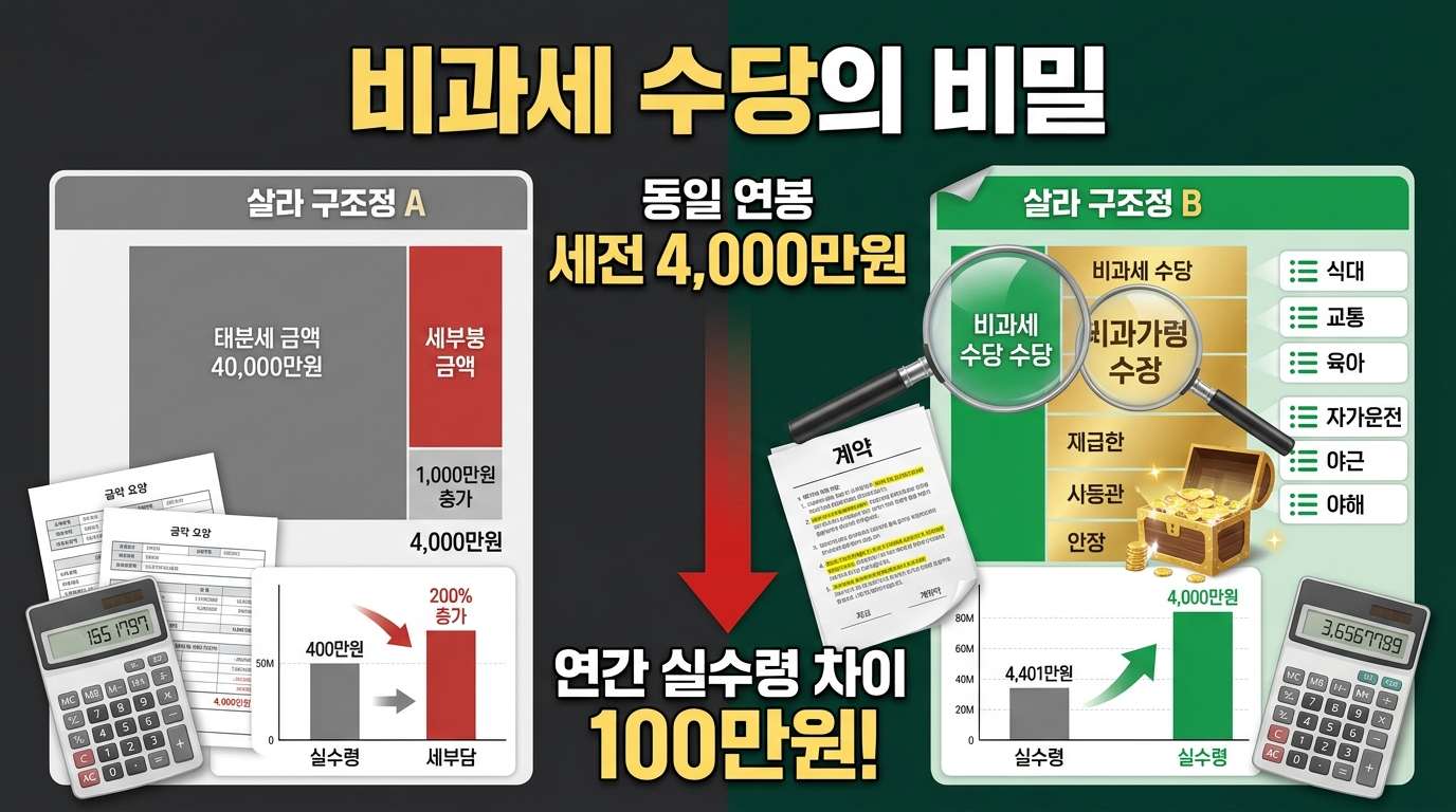 2025년 기준 동일 연봉 4,800만원에서 비과세 수당 구조에 따른 A직장인과 B직장인의 월 실수령액 차이(142만원)를 보여주는 월급연구원의 급여 최적화 비교 분석 차트