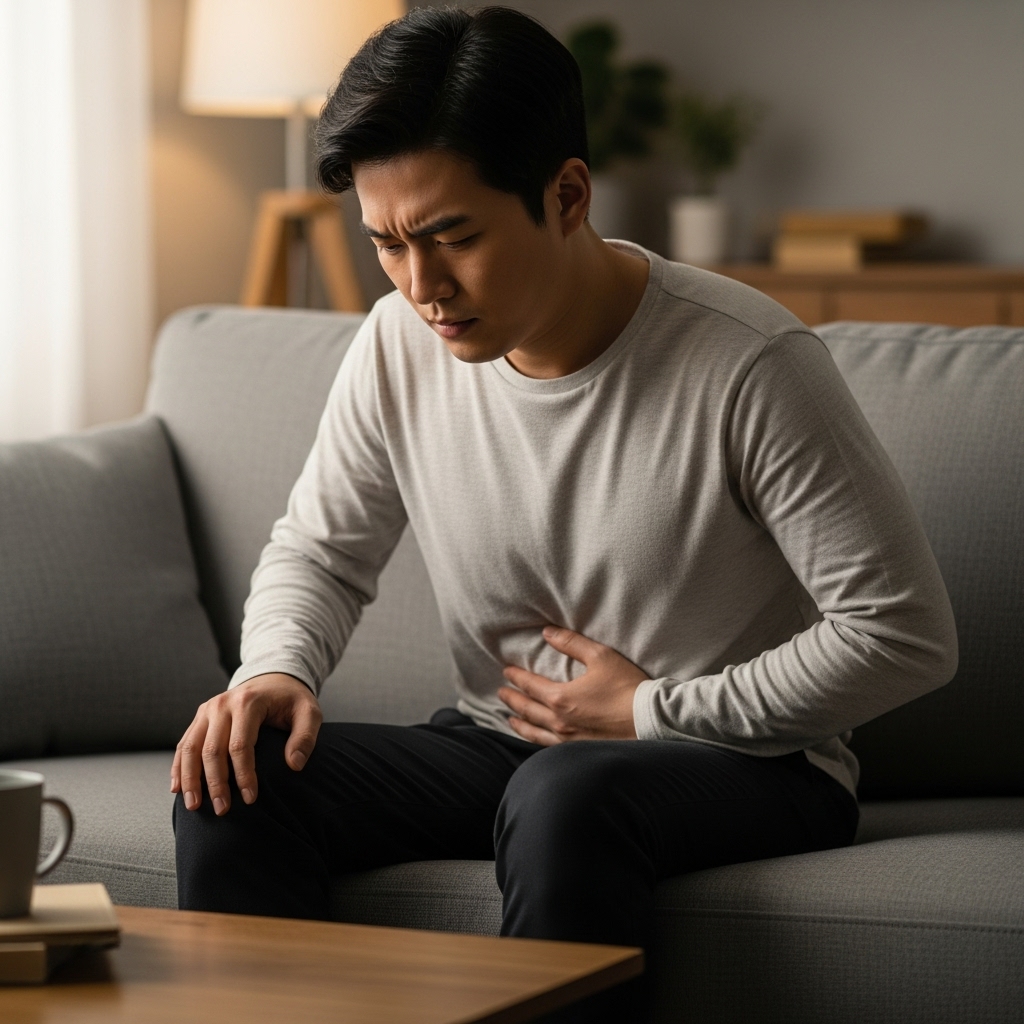 소파에-앉아-가볍게-배를-잡고-있는-한국-성인이-가벼운-메스꺼움이나-소화-불편함을-보여주고-있습니다.