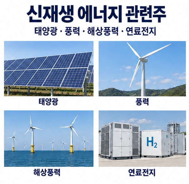 신재생 에너지 관련주와 태양광 풍력 해상풍력 연료전지 산업을 한눈에 보여주는 교육용 이미지