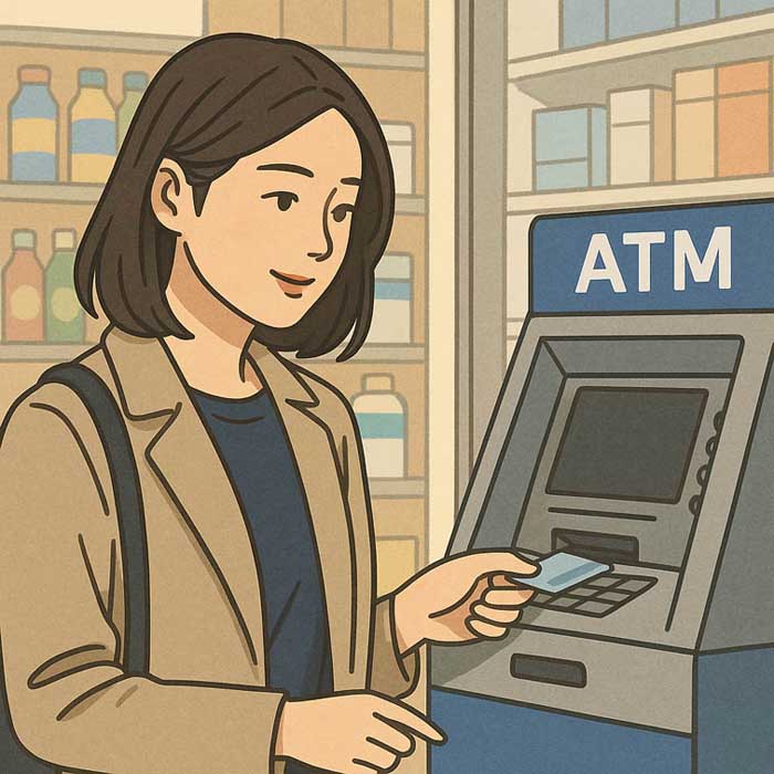 편의점 내부에서 ATM을 이용하는 젊은 여성을 묘사한 세미 실사형 일러스트, 따뜻한 조명과 현대적인 편의점 배경 속에서 자연스럽게 카드 거래를 하는 장면